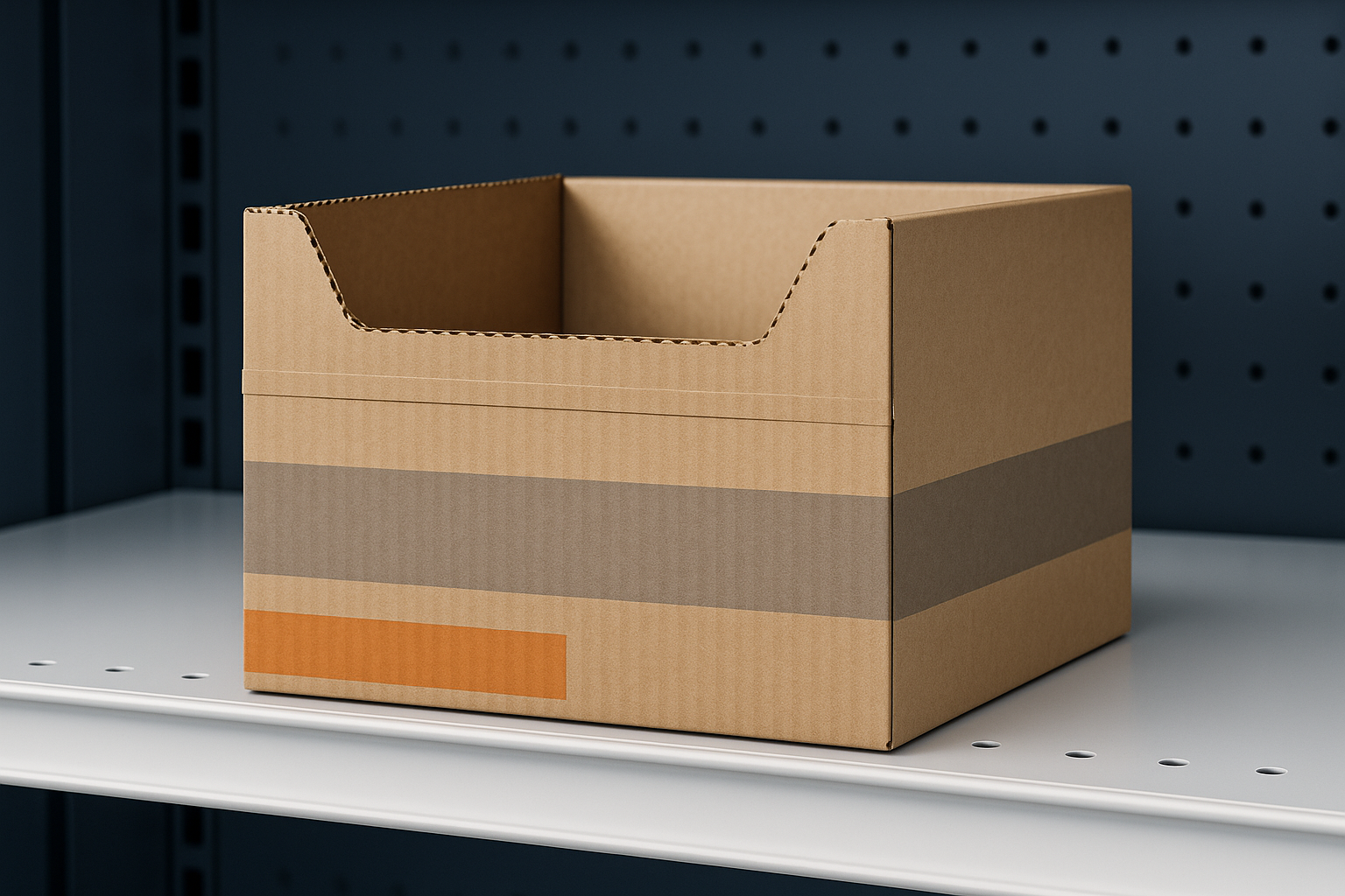 Shelf ready packaging tray met een uitscheurbare voorzijde op een winkelschap