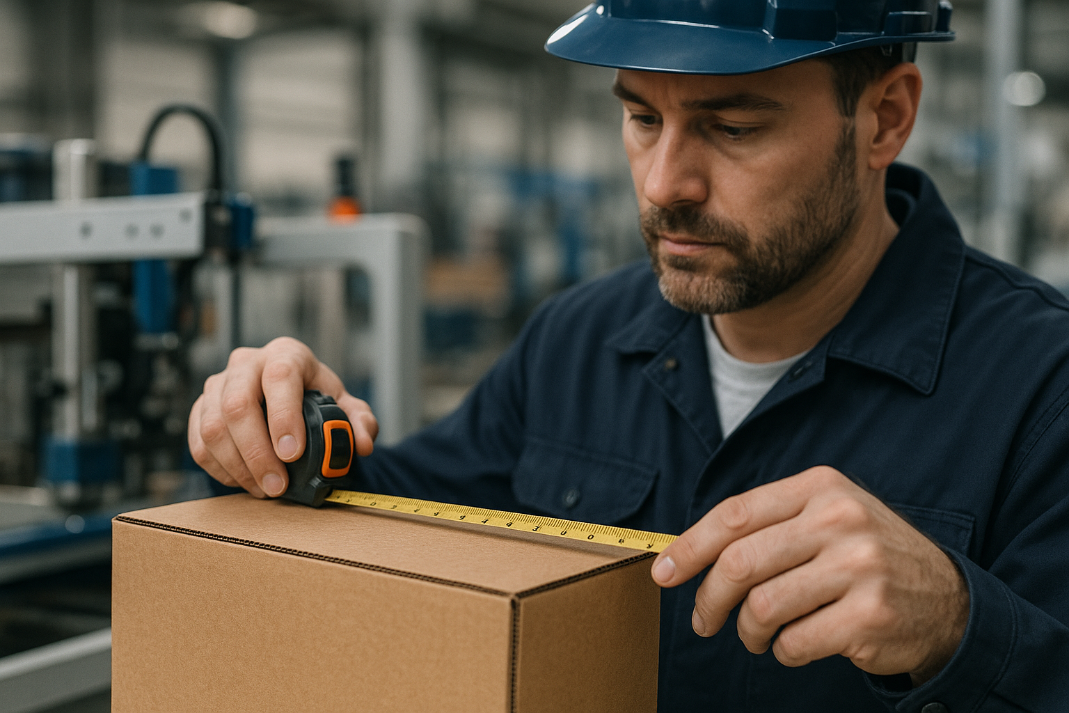 Operator controleert de maatvoering van een net aangekomen spoedlevering kartonnen dozen